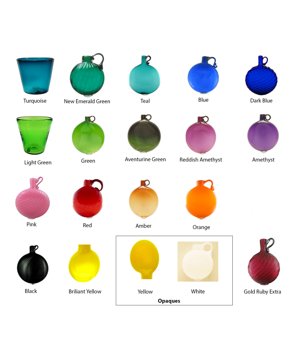 Aaron Color Chart. Top row, left to right: Turquoise, new emerald green, teal, blue, dark blue. Second row, left to right: Light green, green, aventurine green, reddish amethyst, amethyst. Third row, left to right: Pink, red, amber, orange, aurora light. Bottom row, left to right: Black, brilliant yellow, yellow (opaque), white (opaque), gold ruby extra.